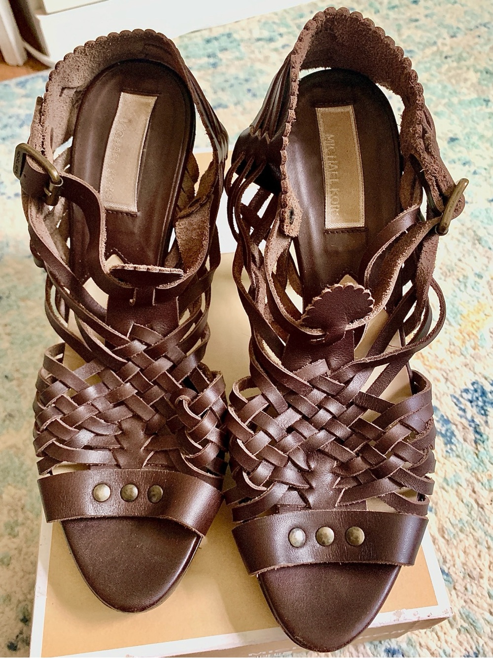 Michael Kors Collection Brown Caged Leather Gladiator Woven Strappy Heels